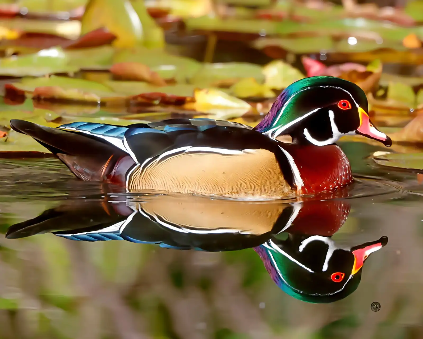 Wood duck drake floating on a still pond with a perfect mirror reflection
